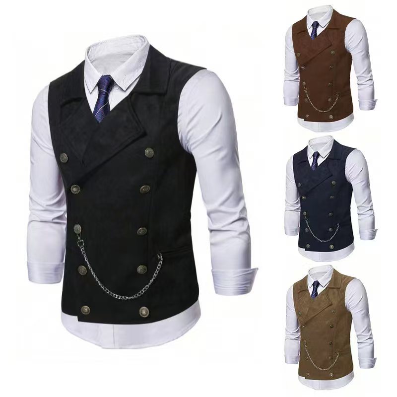 Formal Waistcoat Vest - Erkekler İçin Zincir Detaylı Kruvaze Yelek,