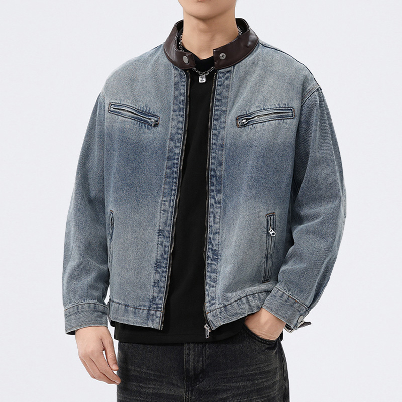 Mens Fashion Denim Jacket - Standı Deri Yaka Denim Ceket Erkekler
