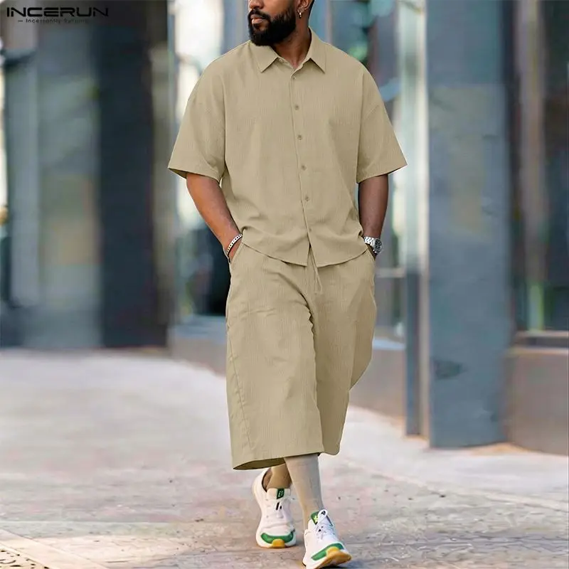 Mens Fashion Streetwear - INCERUN erkek Setleri Katı Yaka Kısa