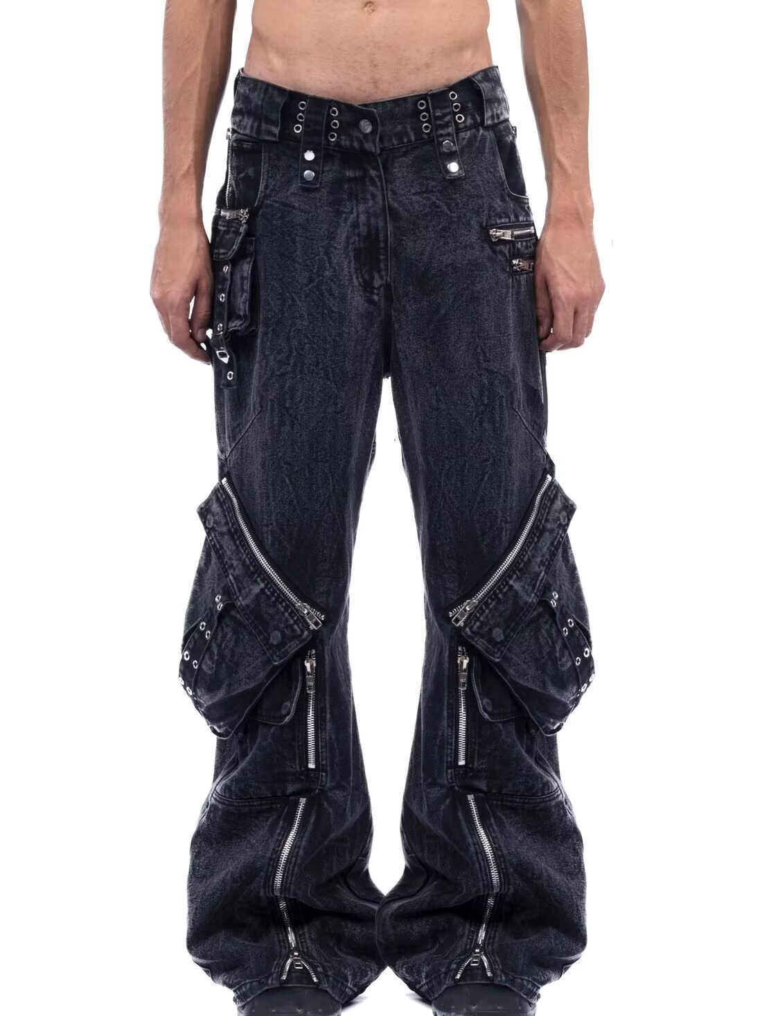 Men'S Fashion With Baggy Jeans - Y2K Siyah Gotik Punk Çok Cepli