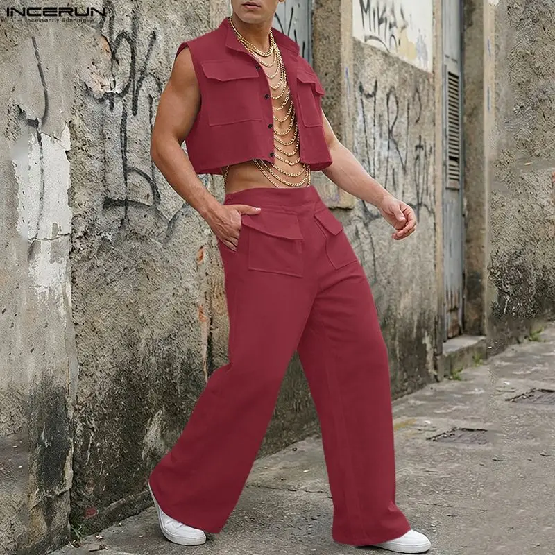 Mens Fashion Style - INCERUN Erkek Setleri Katı Kolsuz Kırpma