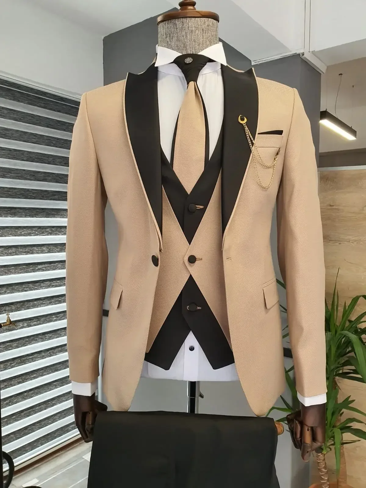 Slim Fit Blazer Men - Şampanya Rengi Ceket Siyah Pantolon İngiltere