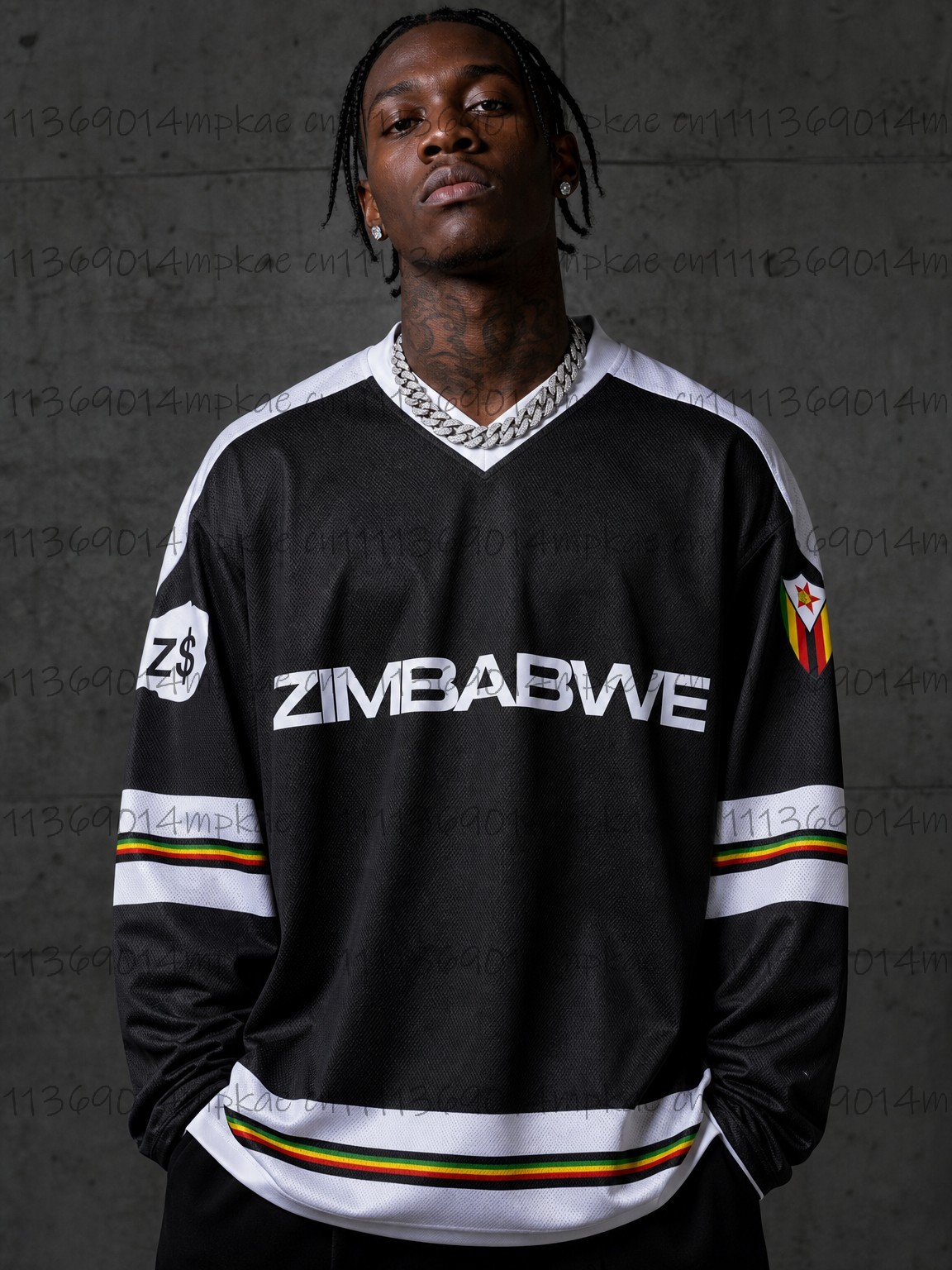 Mens Fashion Style - Erkek Zimbabve Baskılı V Yaka Uzun