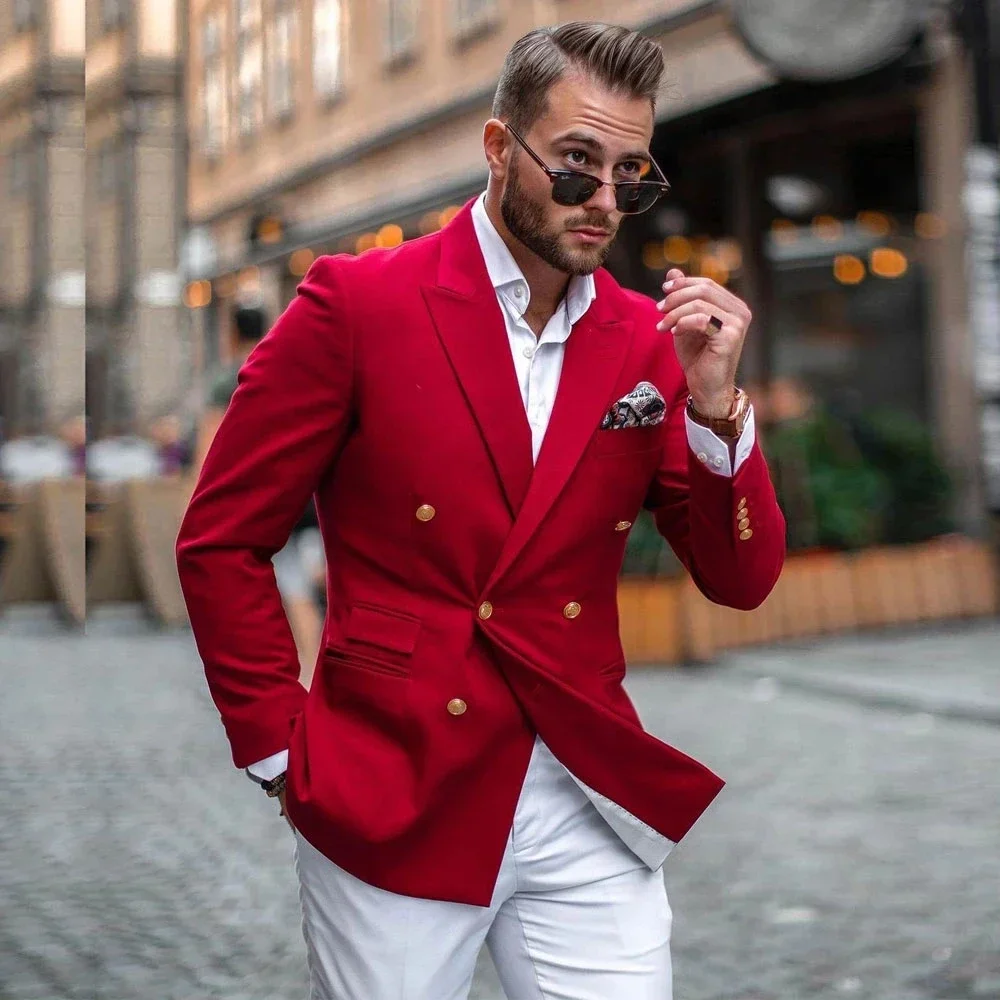 Slim Fit Blazer Men - Kırmızı Ceket Beyaz Pantolon Kruvaze Moda
